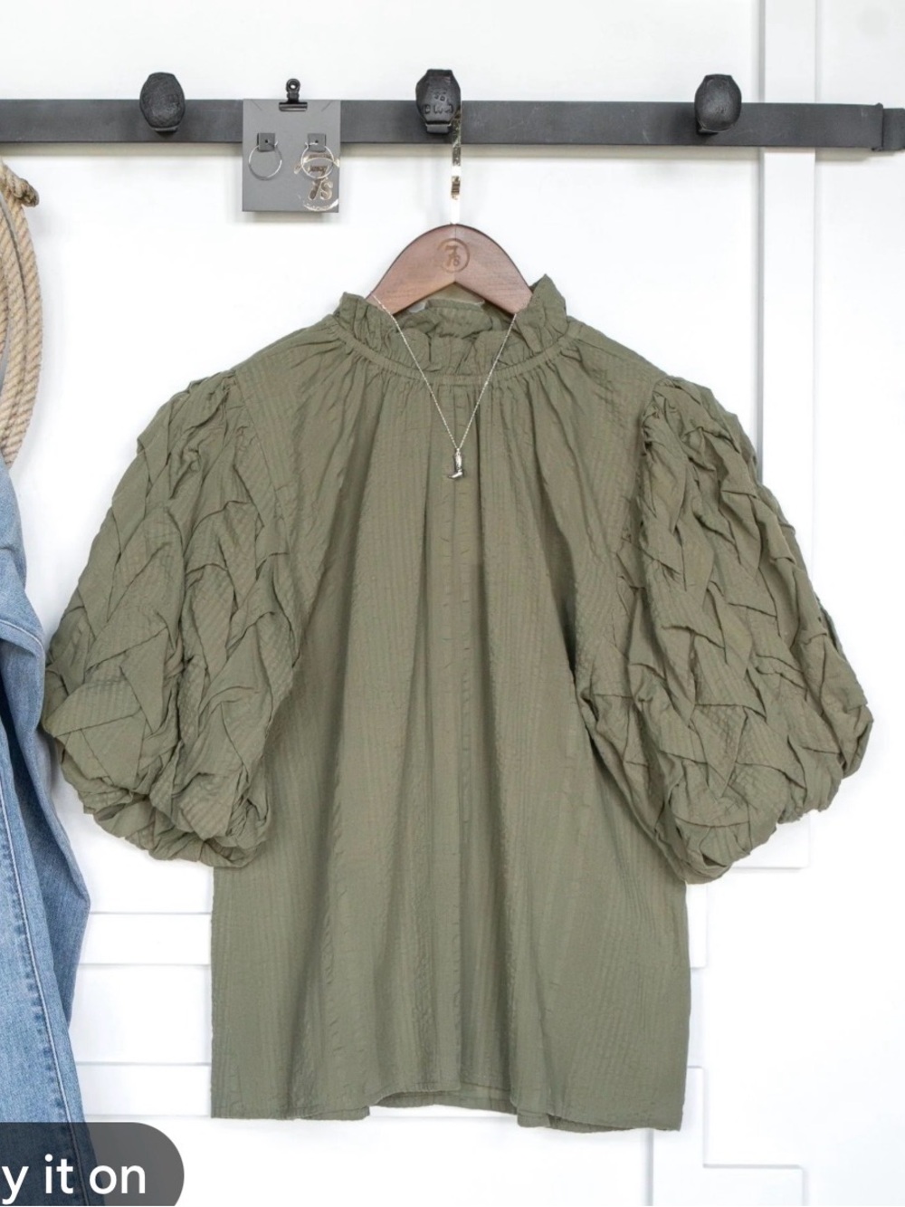 New With Tags THML Puff Sleeve Olive Top Sz S
